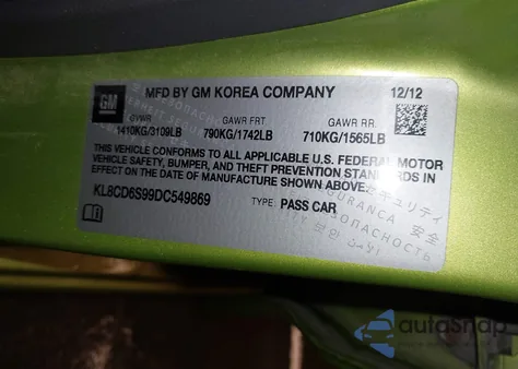 2013 Chevrolet Spark 1Lt Auto from USA, damaged, VIN KL8CD6S99DC549869